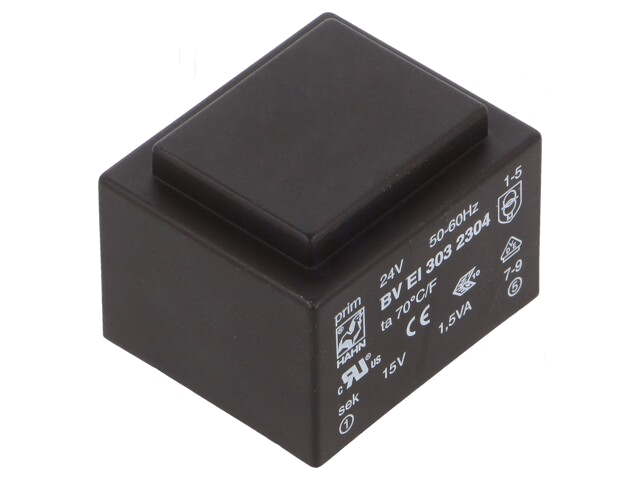 Transformator: ingegoten; 1,5VA; 24VAC; 15V; 100mA; PCB; BVEI Transformator: ingegoten; 1,5VA; 24VAC; 15V; 100mA; PCB; BVEI